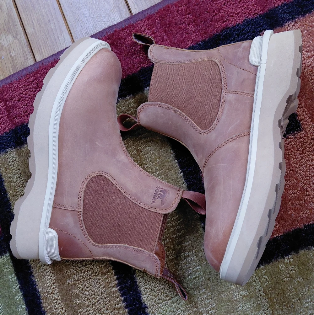 Sorel brown & tan leather Hi Rise Chelsea ankle boots Womens 5.5 - Picture 5 of 9